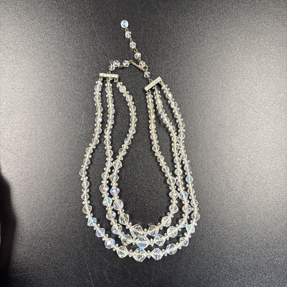 Stranded Jewelry - Glass Crystal 3 Strand Necklace with aurora borealis finsh, Vintage Costume